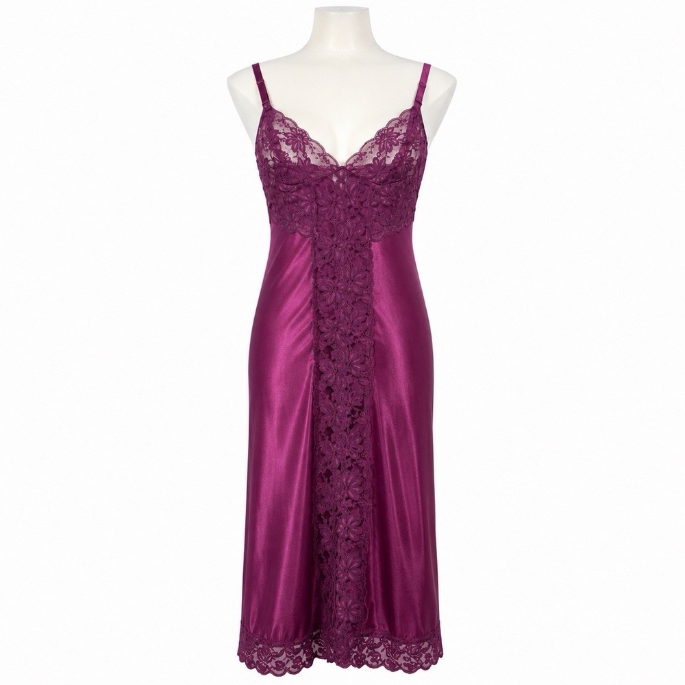 Vintage Movie Star Slip Dress Nightgown Plum Lace Fairycore Coquette USA 36